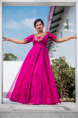 Pink Hand Embroidered organza anarkali - YoshnasByEla