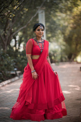 Red Hand embroidered net lehenga - YoshnasByEla