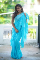 Blue plain ruffles mul cotton saree