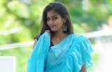 Blue plain ruffles mul cotton saree