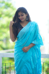 Blue plain ruffles mul cotton saree