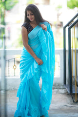 Blue plain ruffles mul cotton saree