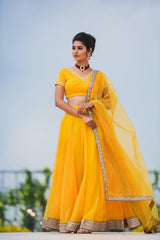 yellow Hand embroidered organza lehenga - YoshnasByEla