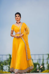 yellow Hand embroidered organza lehenga - YoshnasByEla