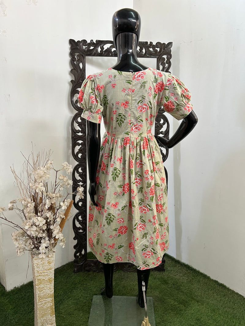 Dust Green Red Floral Frock