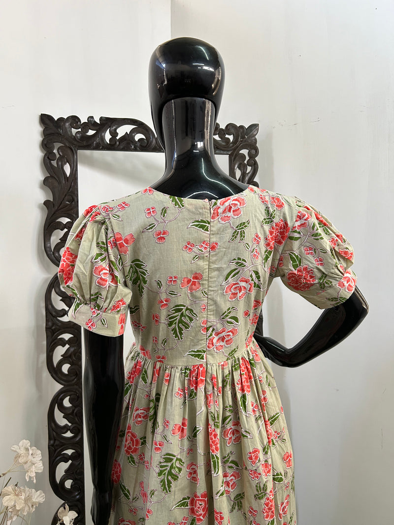 Dust Green Red Floral Frock