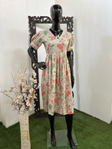 Dust Green Red Floral Frock