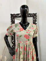 Dust Green Red Floral Frock