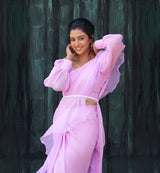 Lilac Georgette Ruffle Saree With Belt