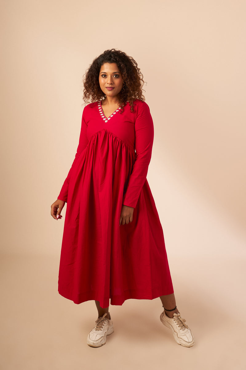 Red Embroidery Mul Cotton Dress (Top)