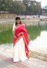 Off white and pink malai silk lehanga