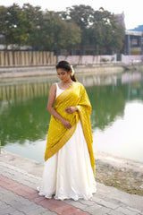 off white and yellow malai silk lehanga