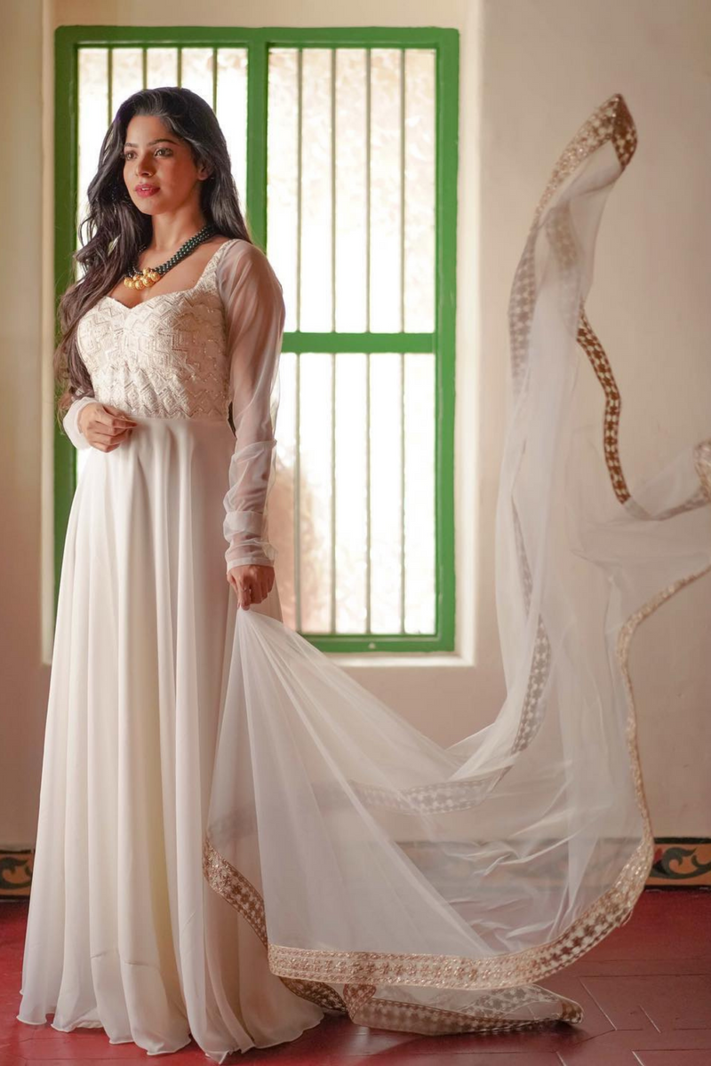 Off white anarkali - ANJU SHANKAR LABEL | Anarkali dress pattern, Party  wear indian dresses, Dress indian style