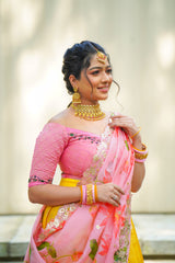 Baby Pink Yellow Embroidery Silk lehenga