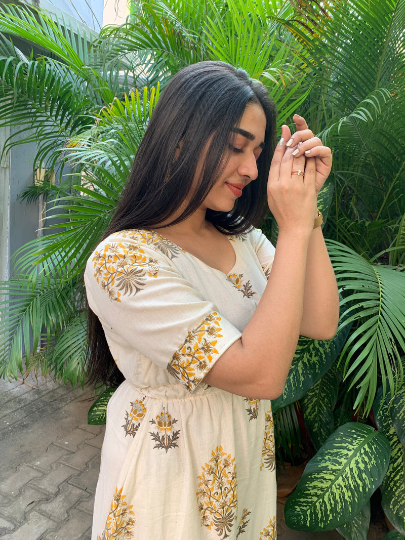 Beige yellow Cotton Dress YoshnasByEla Beige yellow Cotton Dress YoshnasByEla