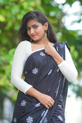 Black mul cotton block printed saree