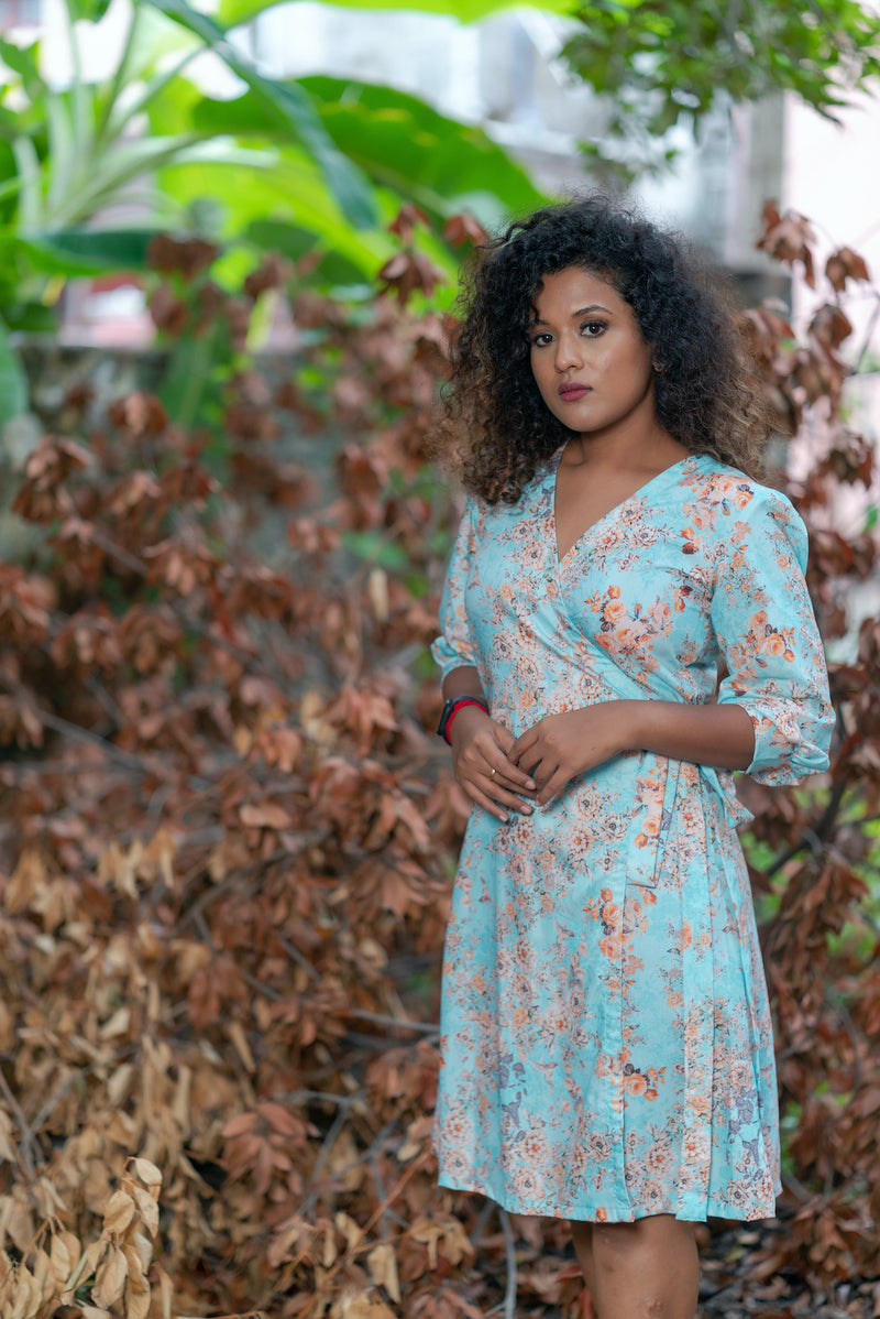 Blue floral wrap Cotton dress (Top)