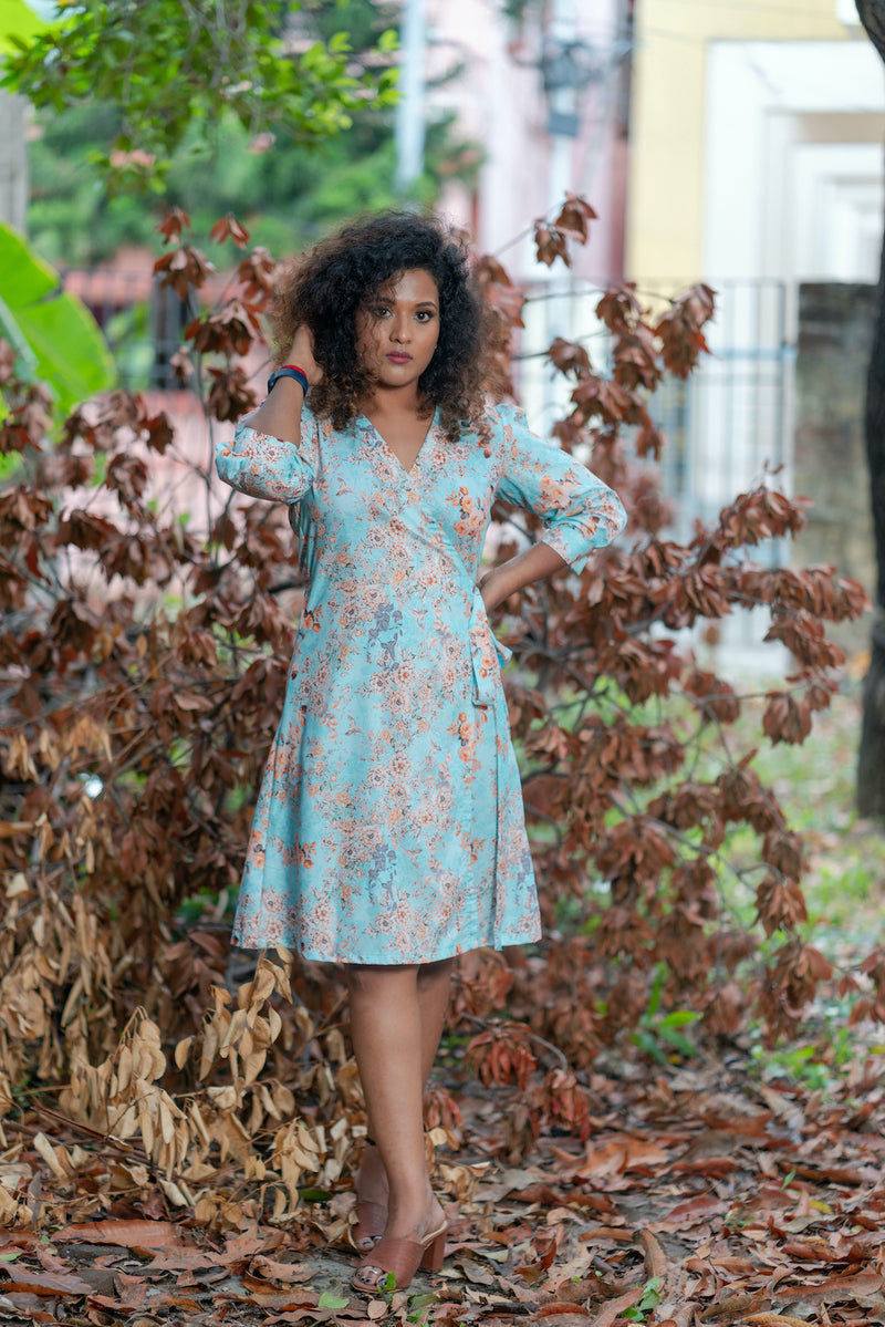 Blue floral wrap Cotton dress (Top)