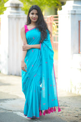 Blue mul cotton block printed saree