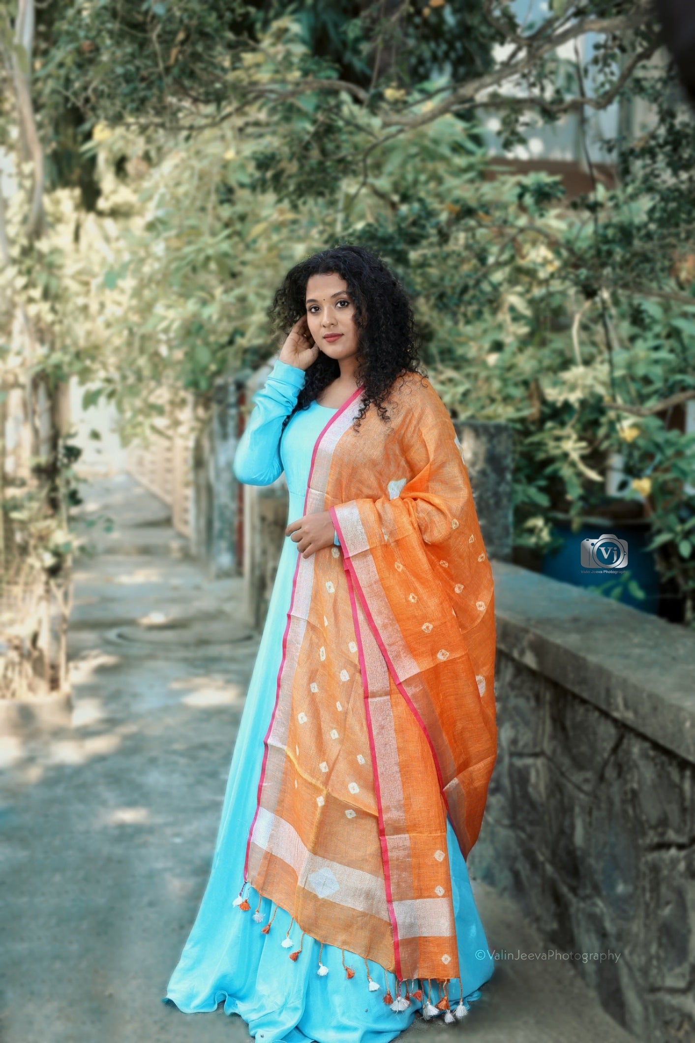 Orange And Sky Blue Combination Dress Blue Plain Santoon Anarkali