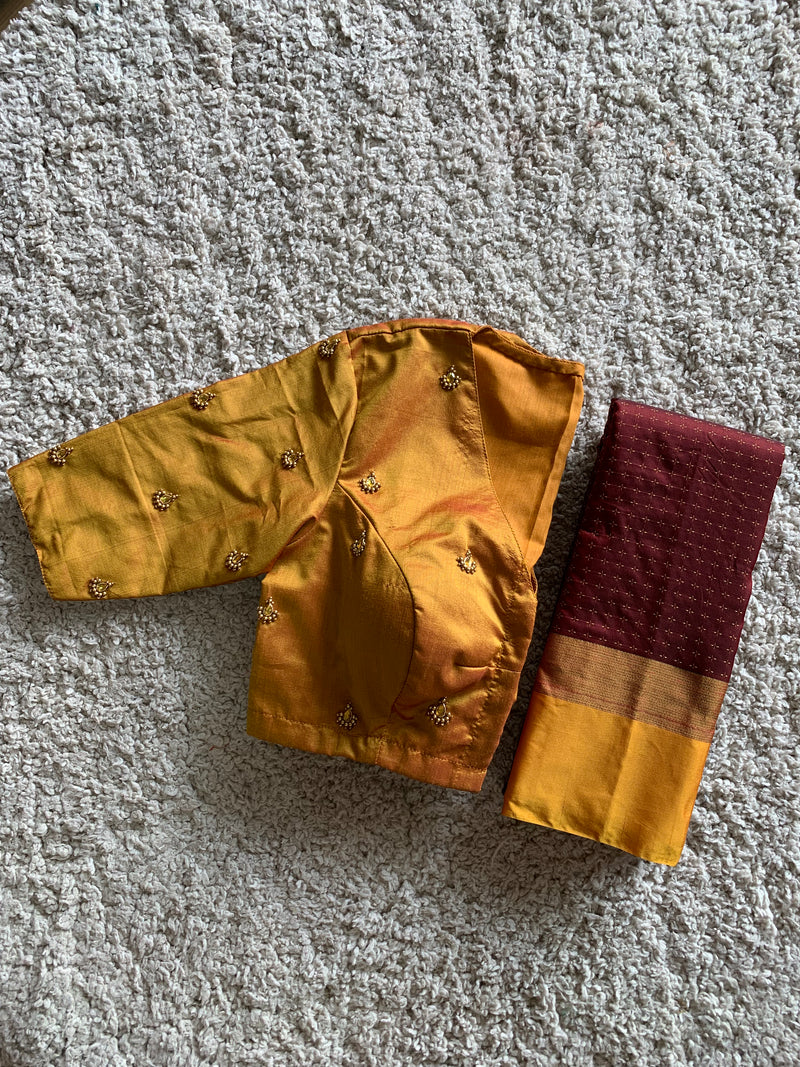 Brown Semi silk saree with gold blouse