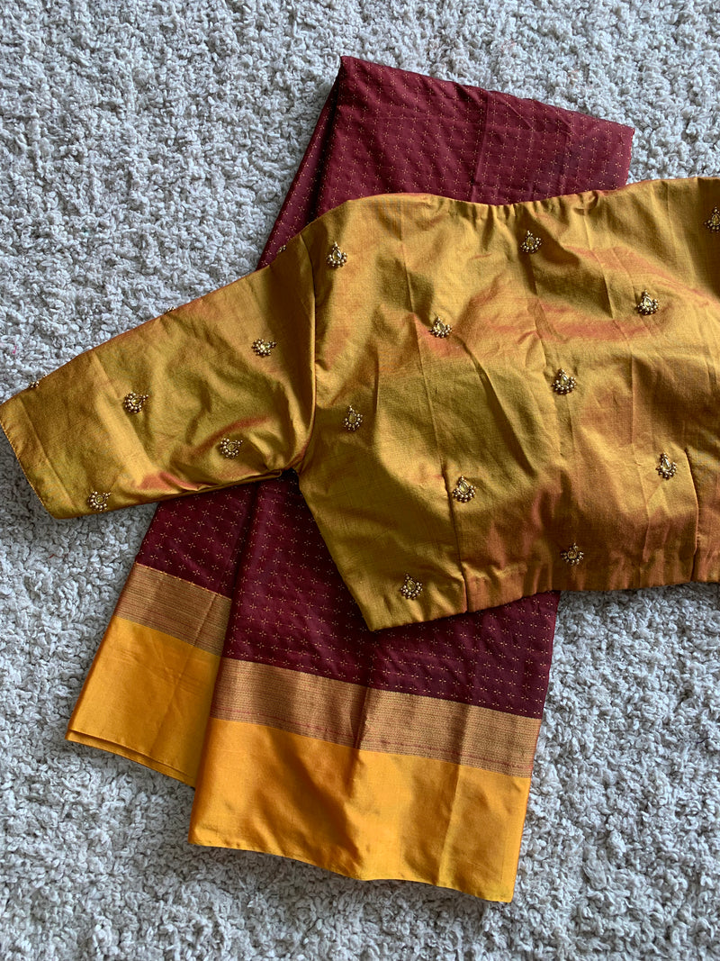 Brown Semi silk saree with gold blouse