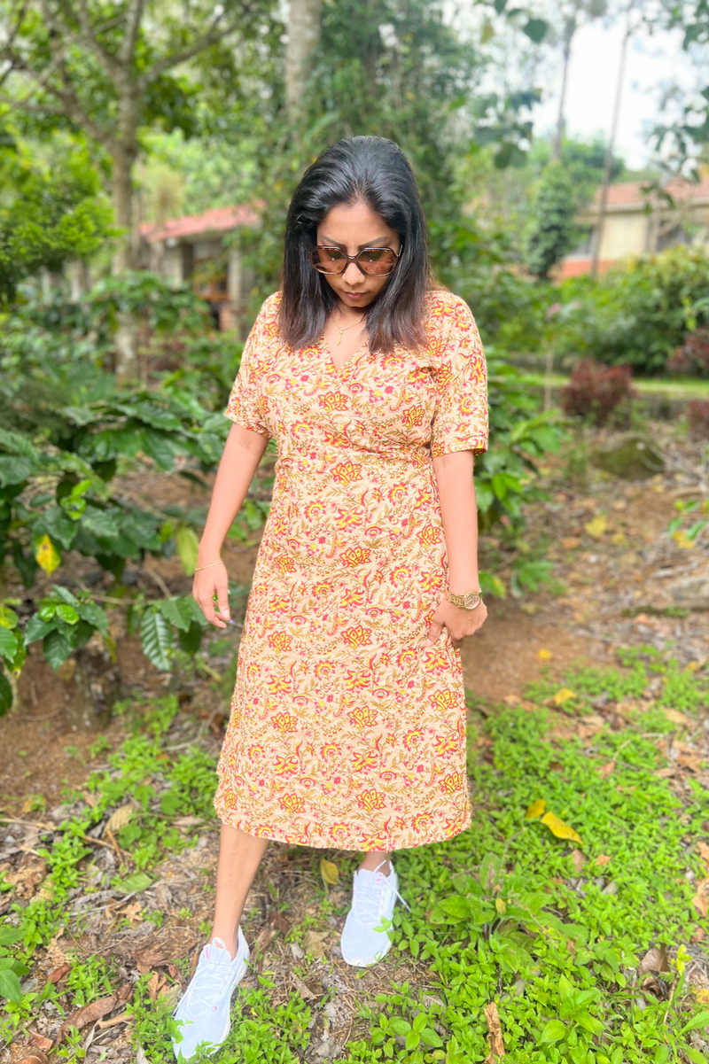 Brown floral wrap Cotton dress