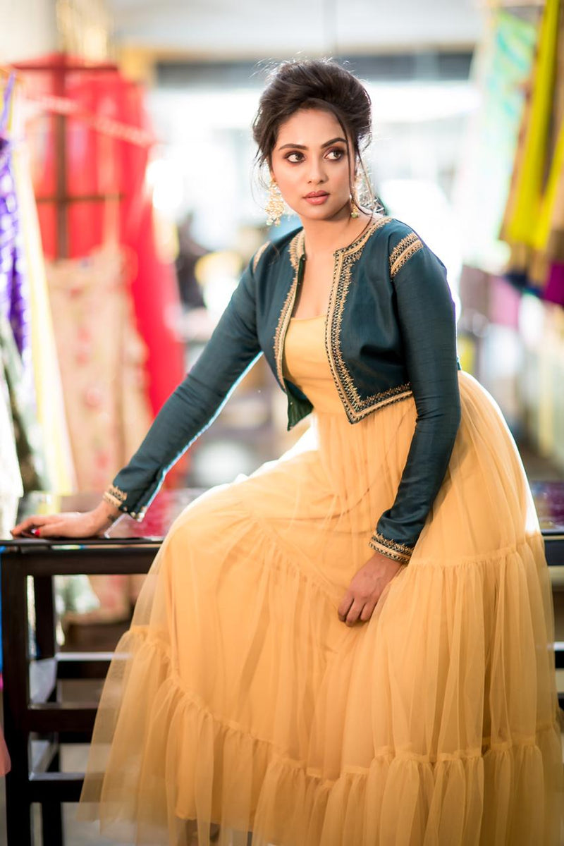 Golden net anarkali with blue overcoat