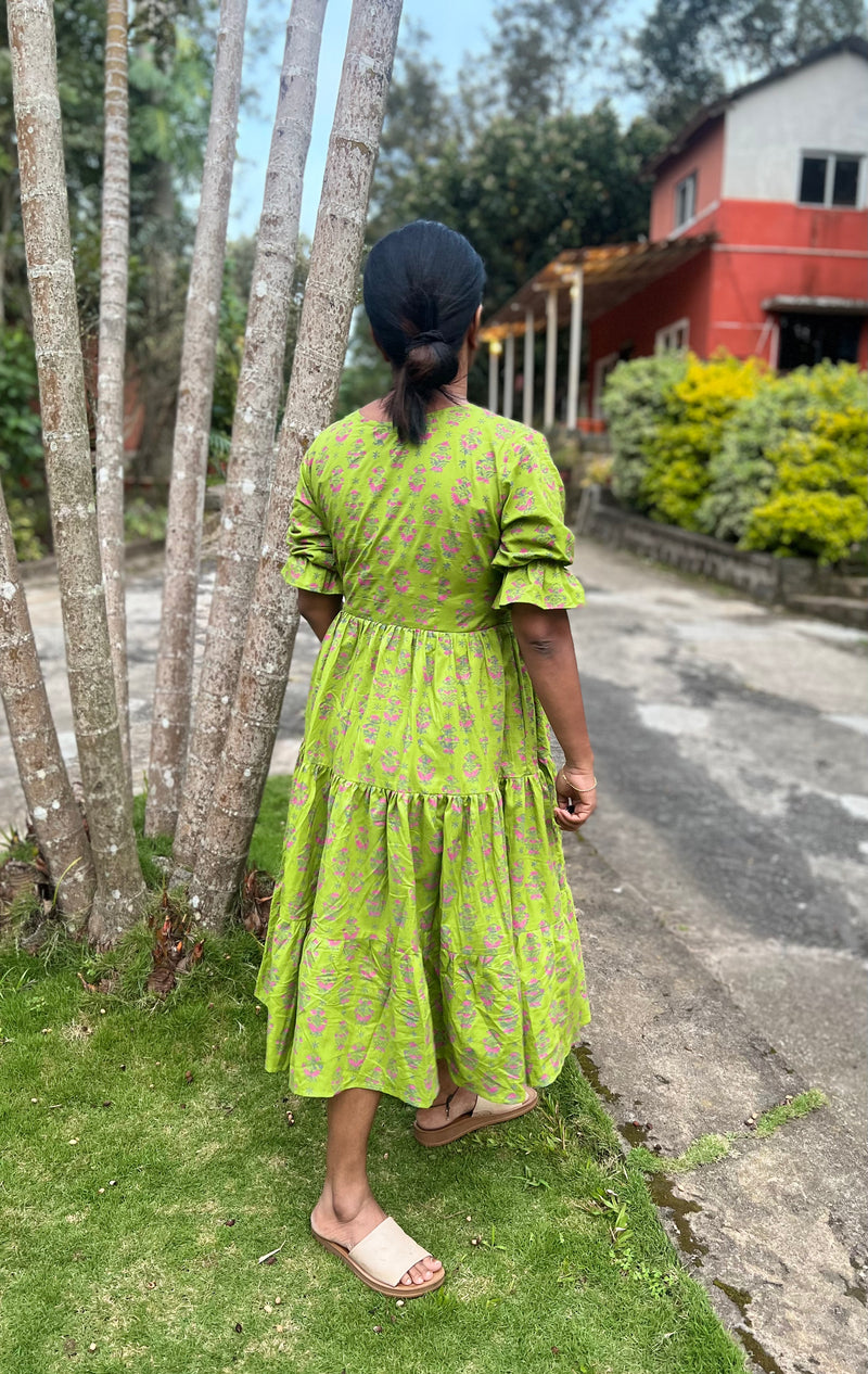Green Block Print layered Cotton Dress YoshnasByEla Green Block Print layered Cotton Dress YoshnasByEla