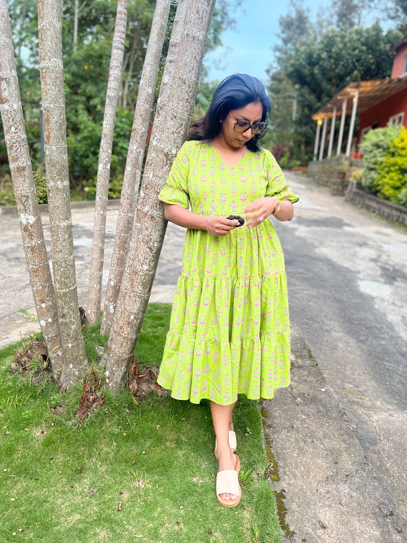 Green Block Print layered Cotton Dress YoshnasByEla Green Block Print layered Cotton Dress YoshnasByEla