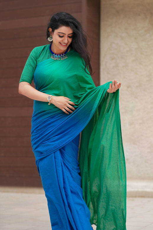 Green Blue mul cotton plain saree