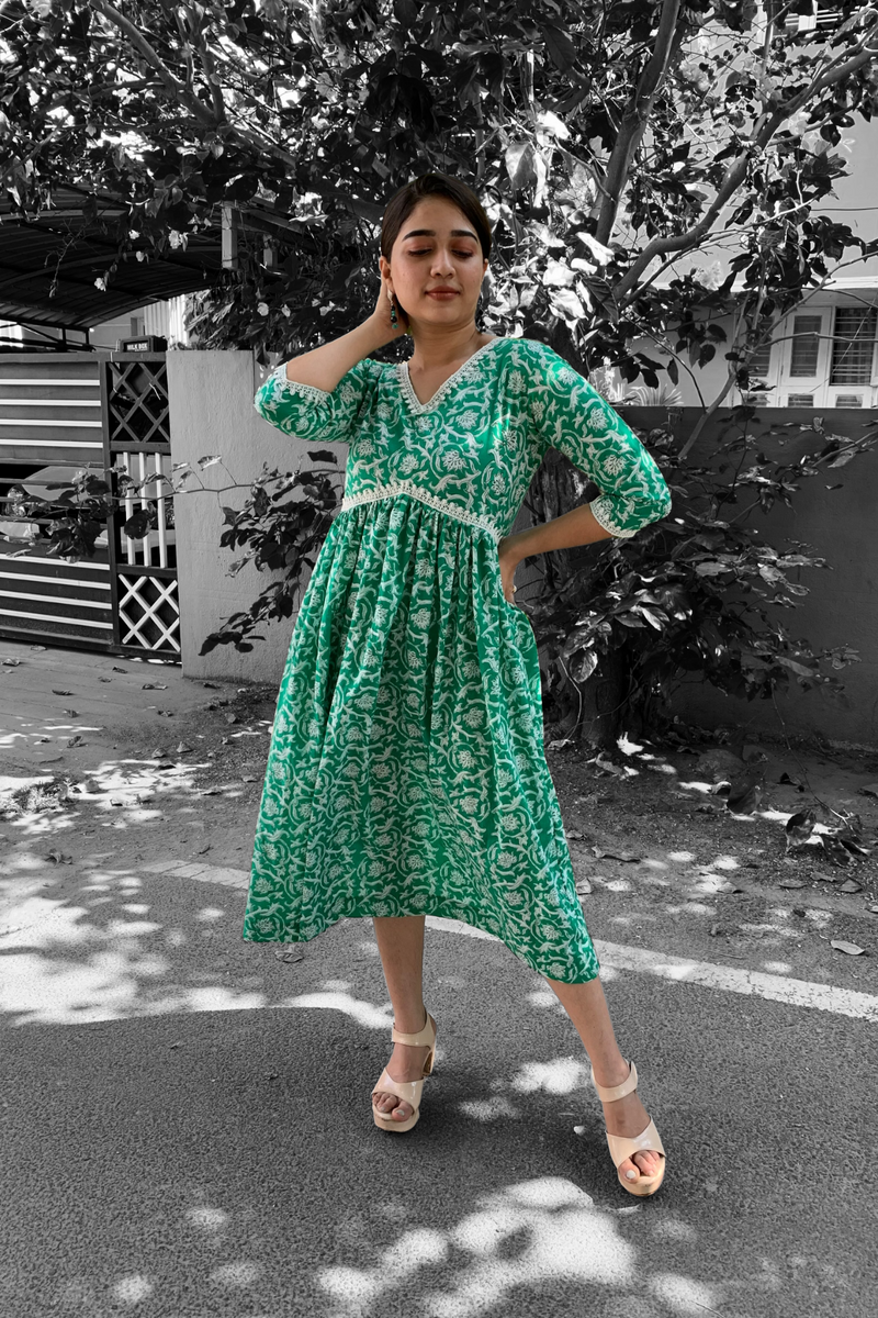 Green Floral Cotton maxi Dress YoshnasByEla