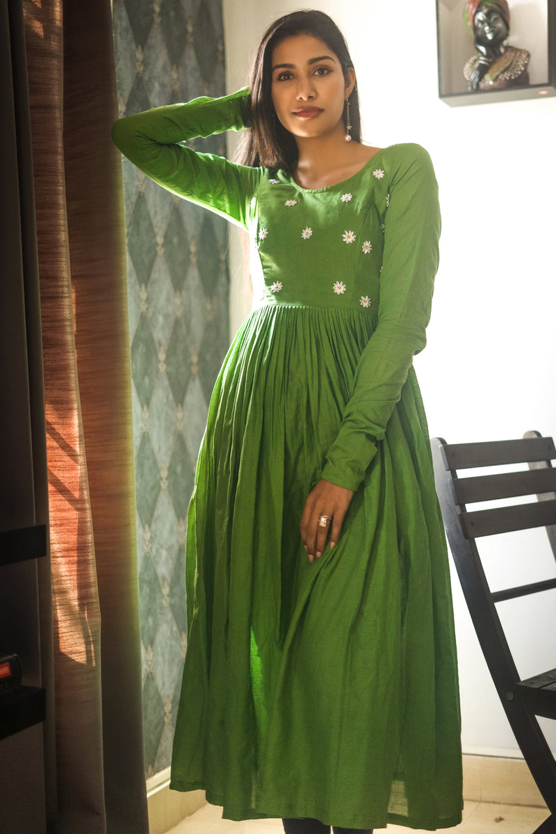 Green White Embroidery Mul cotton dress (Top) YoshnasByEla Green White Embroidery Mul cotton dress (Top) YoshnasByEla