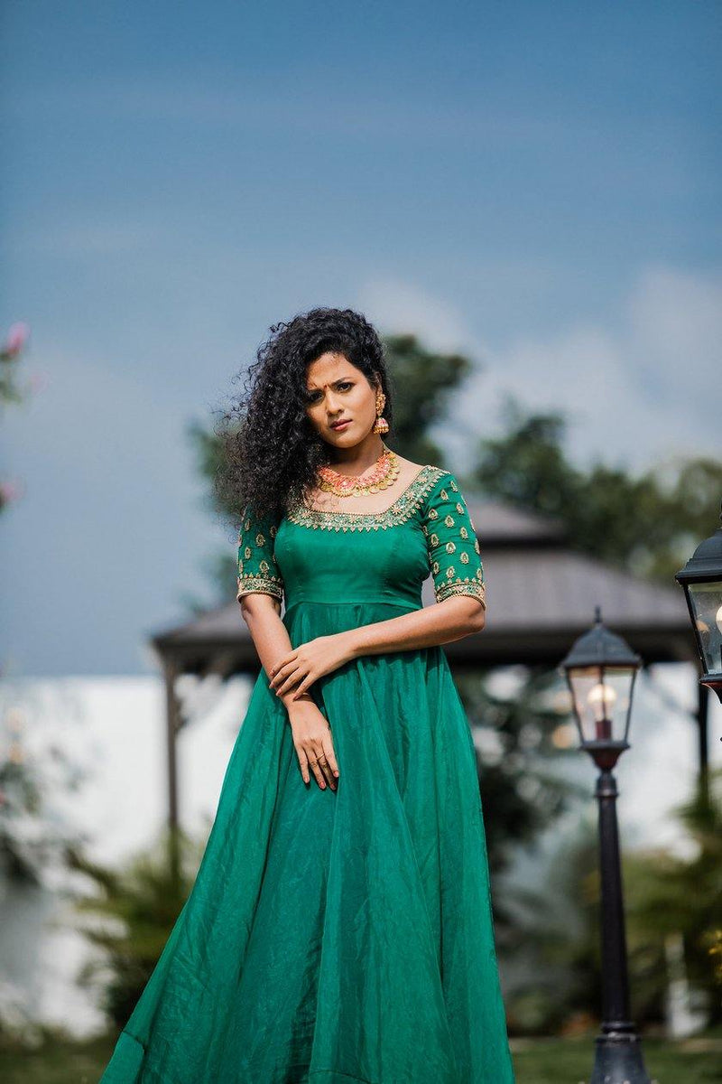 Green Hand Embroidered organza anarkali - YoshnasByEla 