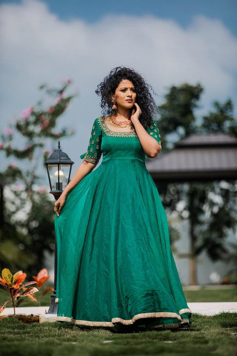 Green Hand Embroidered organza anarkali - YoshnasByEla 