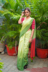 Green and Red mul cotton ombre saree