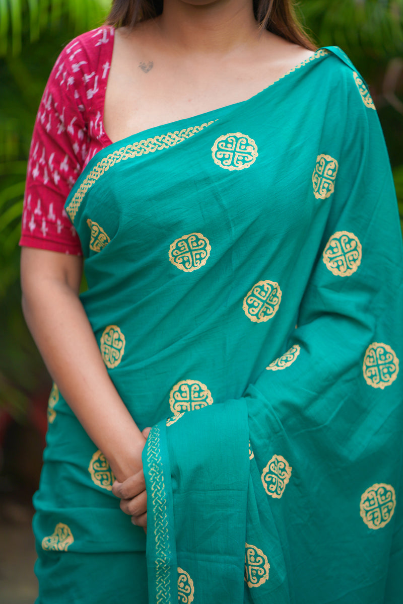 Green mul cotton block printed saree