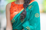 Green mul cotton block printed saree