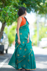 Green mul cotton block printed saree