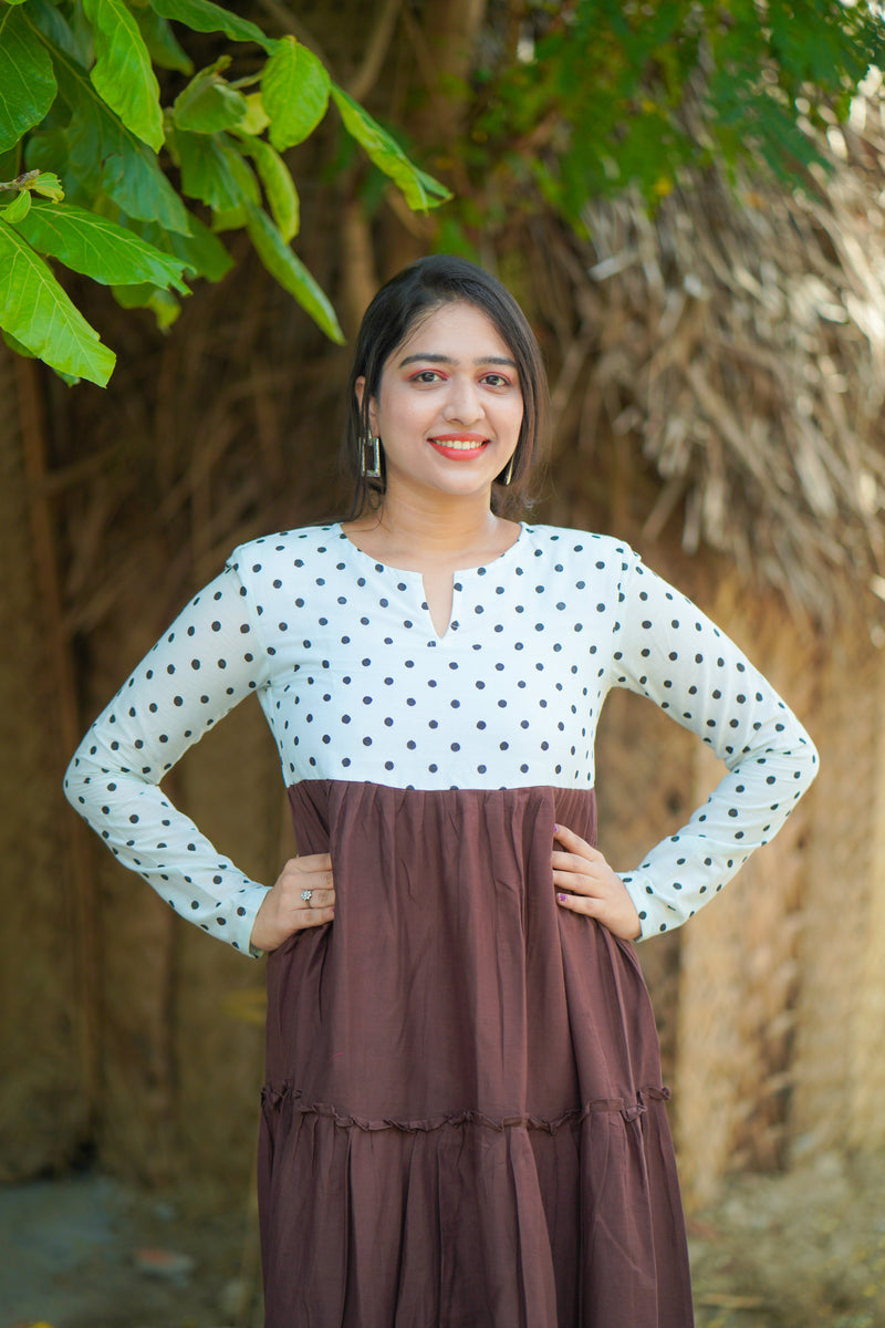 Grey & Brown polka printed Mul cotton dress (Top)