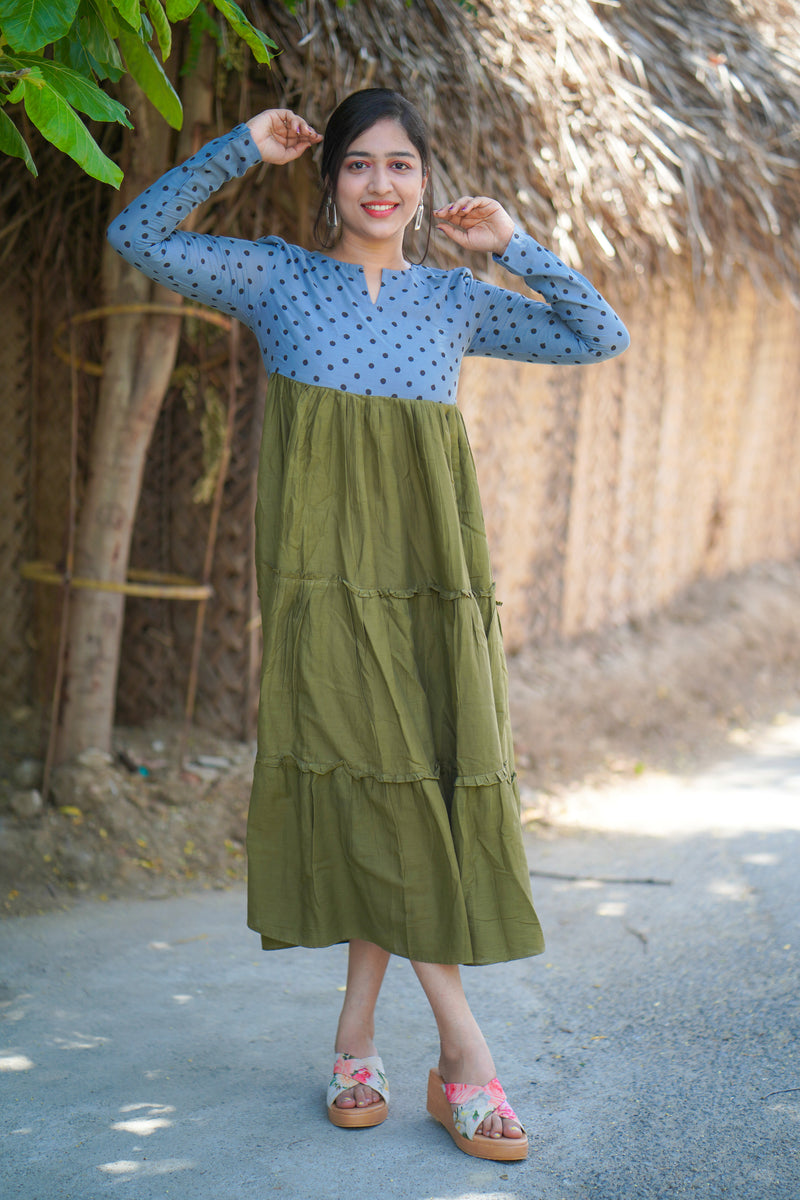 Grey & Green polka printed Mul cotton dress (Top)
