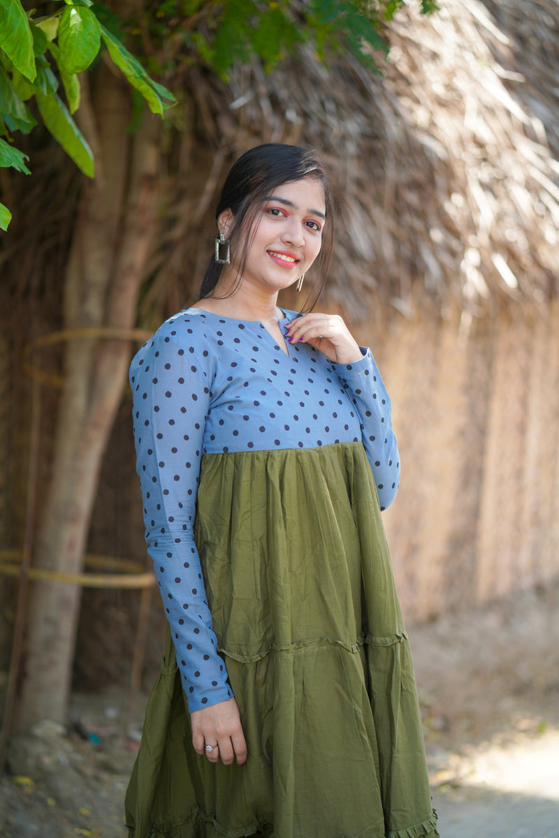 Grey & Green polka printed Mul cotton dress (Top)
