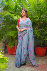 Grey and Pink mul cotton block printed saree