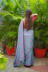 Grey and Pink mul cotton block printed saree
