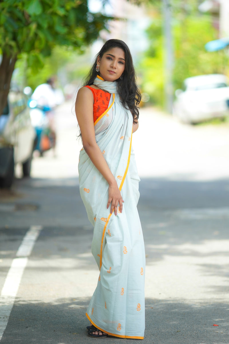 Grey mul cotton block printed saree