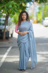 Grey mul cotton plain saree