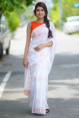 White and Orange mul cotton kolam block printed saree