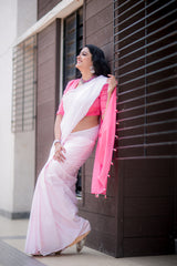 off white and Pink shaded mul cotton saree