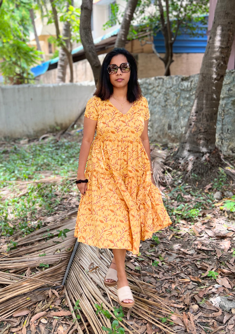Yellow Floral layered Cotton Dress