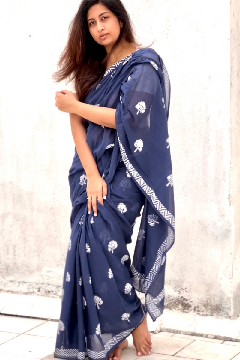 Indigo mul cotton block printed saree